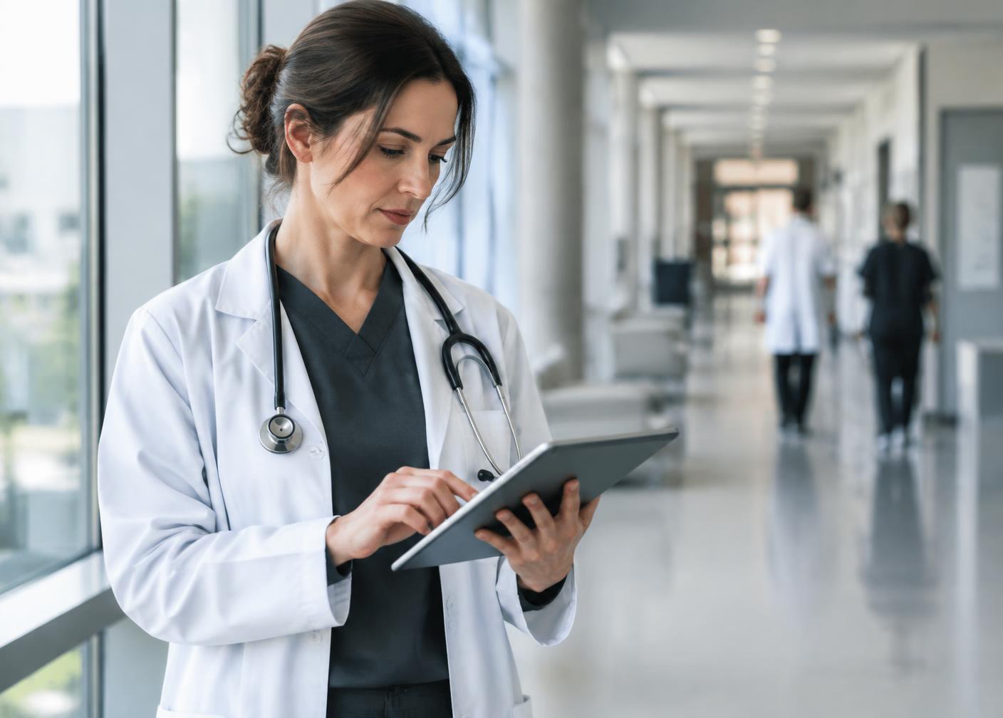 Clinician reviewing clinical data on a tablet in a hospital corridor